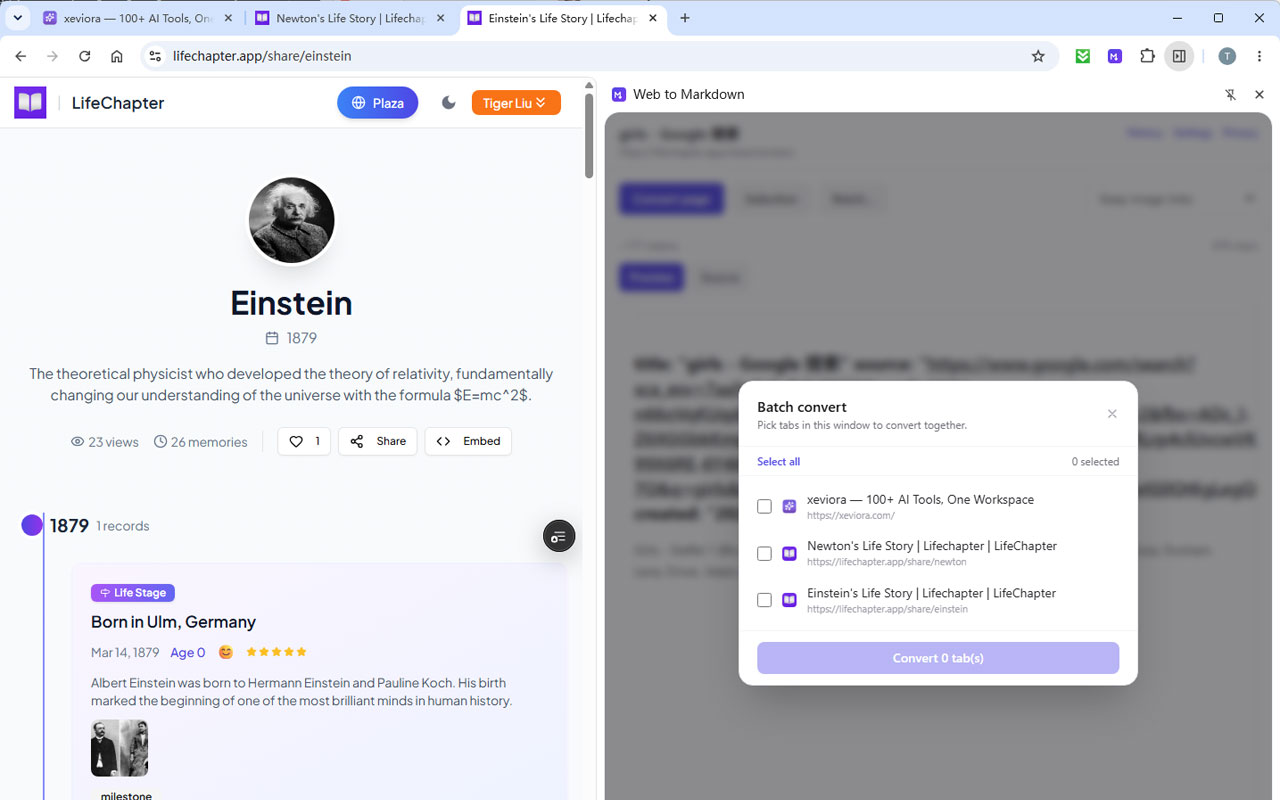 The batch convert dialog listing open tabs with checkboxes