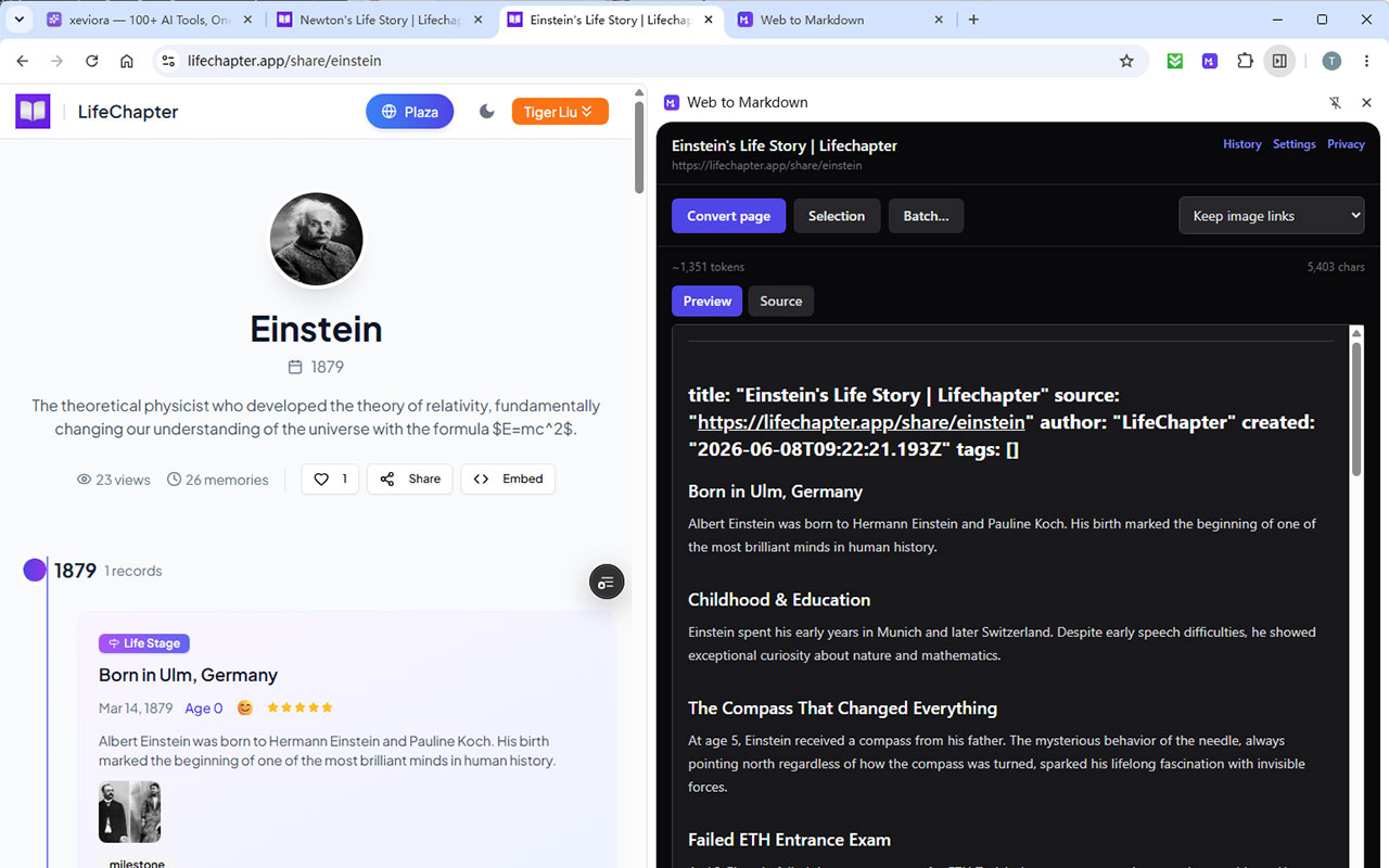 The Web to Markdown side panel showing a converted article in the Preview tab, with the Convert page, Selection and Batch buttons