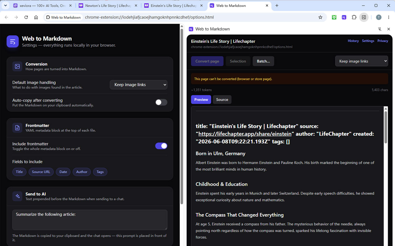The Web to Markdown settings page showing conversion, front-matter and send-to-AI options